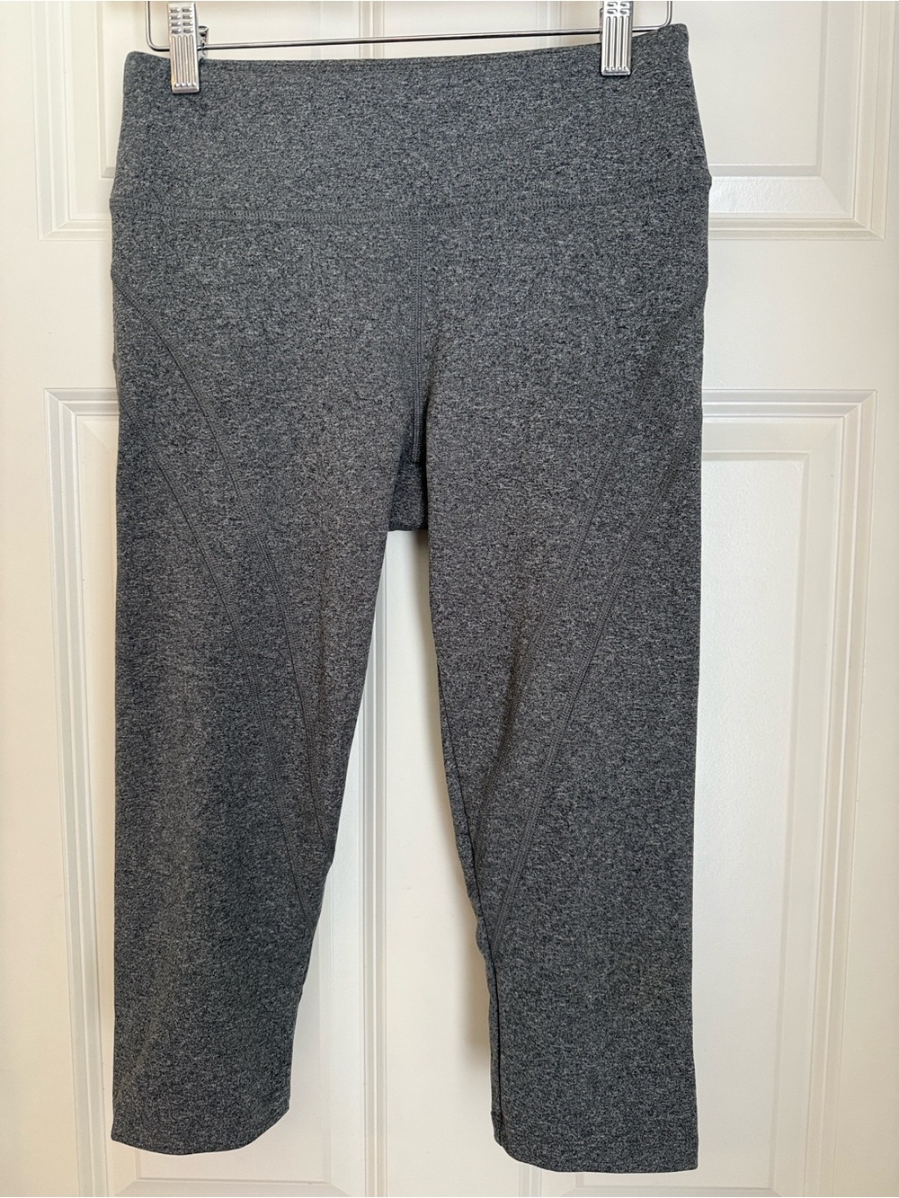 Gray Cropped Leggings with accent stripes and back leg slits